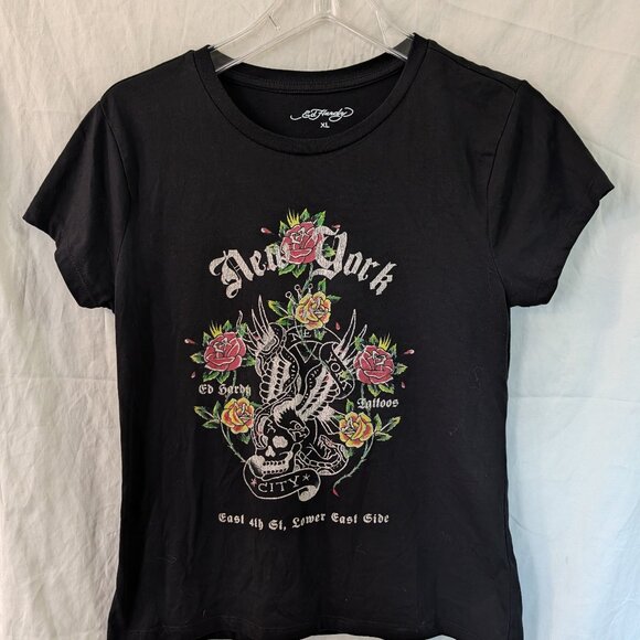 Ed Hardy Black Tee with Floral and City Graphic XL Y2K - Picture 1 of 4
